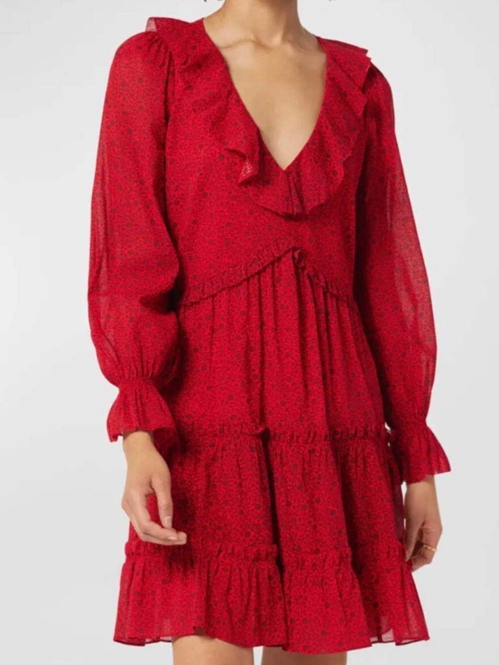 Joie | Red Long-Sleeve Tiered V-Neck Ruffle Dress 4